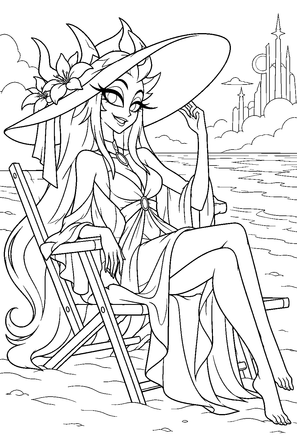 hazbin hotel lilith relaxing in a sun hat on a heaven beach line art