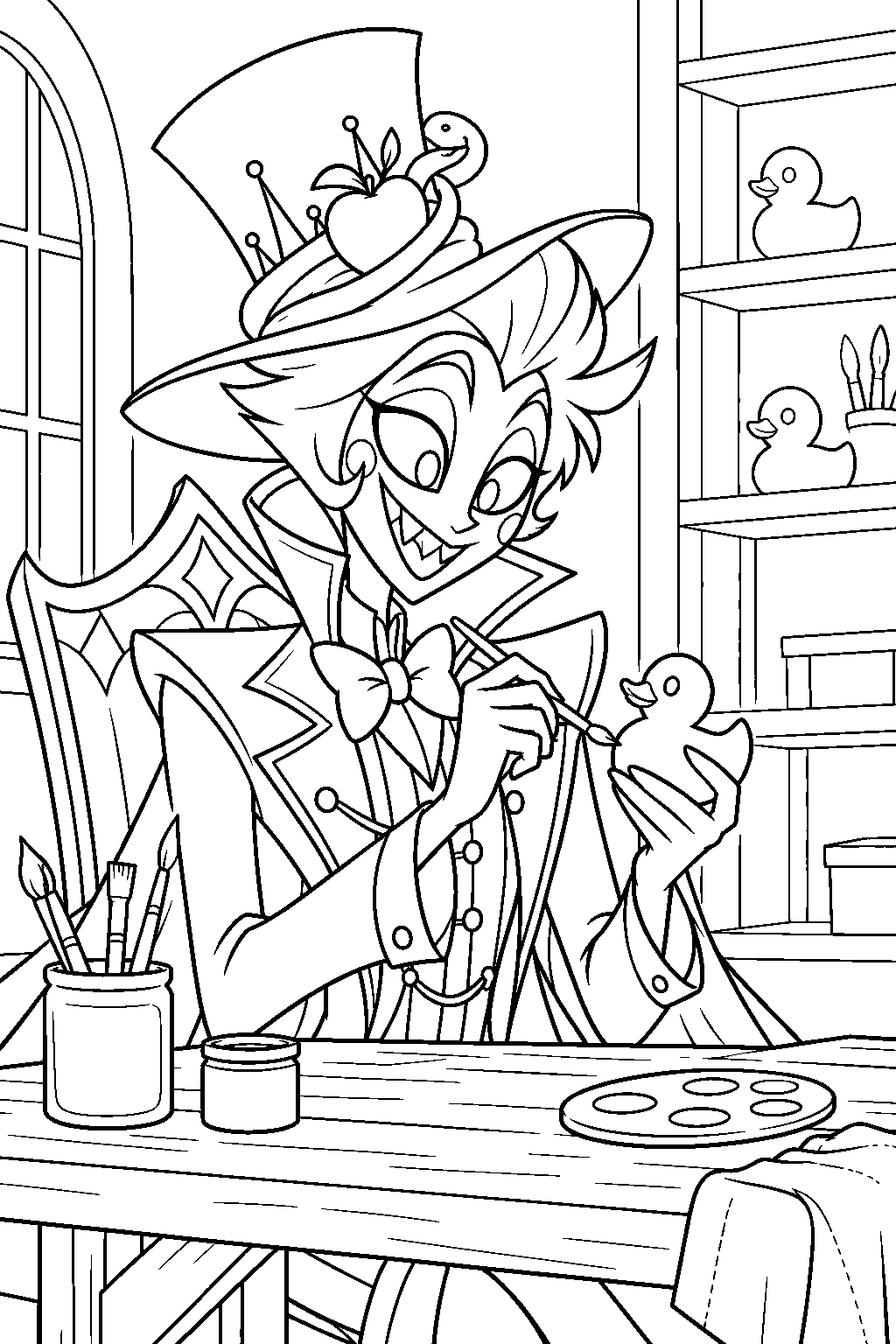 hazbin hotel lucifer morningstar crafting a rubber duck in his workshop line art