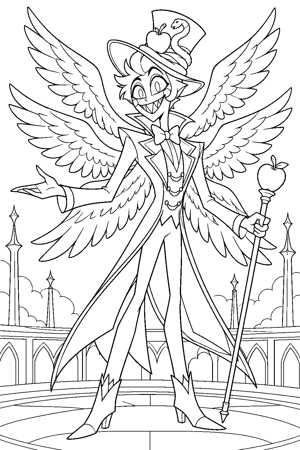 hazbin hotel lucifer morningstar spreading his six angel wings with his apple cane line art