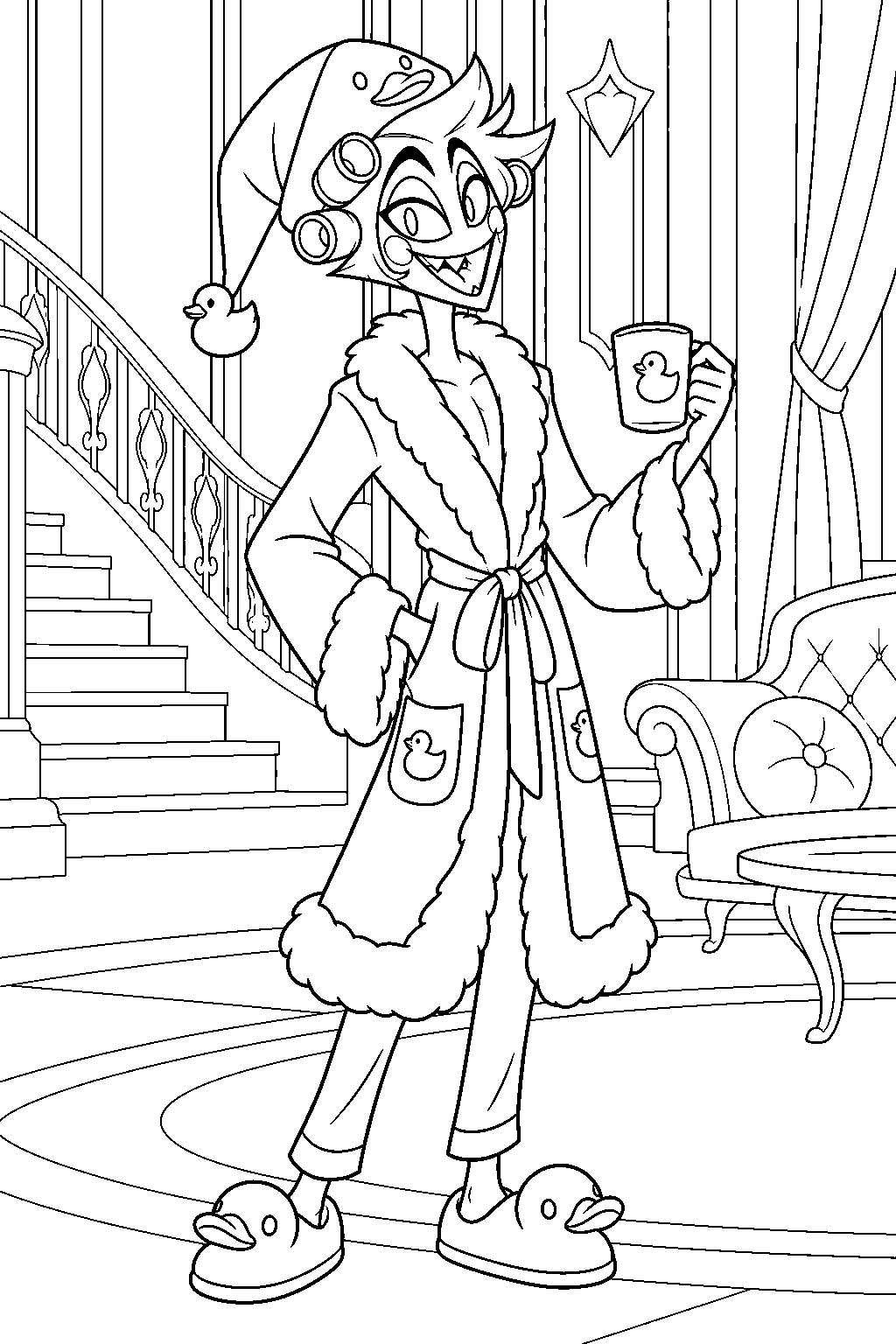 hazbin hotel lucifer morningstar wearing his duck nightcap and fluffy robe at the hotel line art