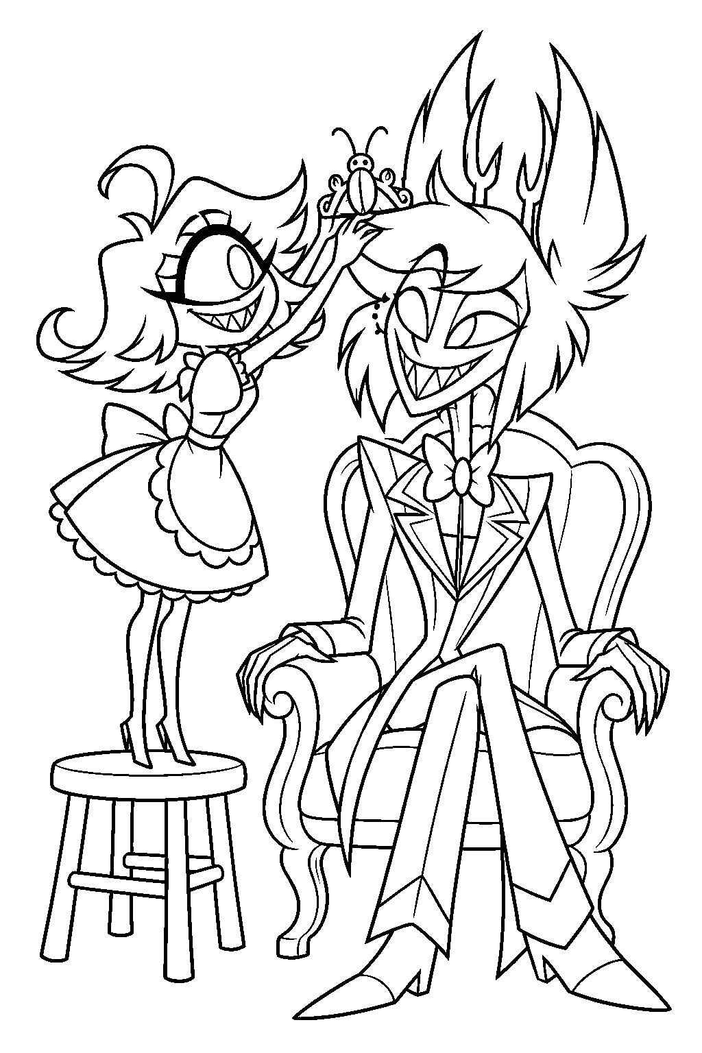 hazbin hotel niffty placing her roach crown on alastor s head line art