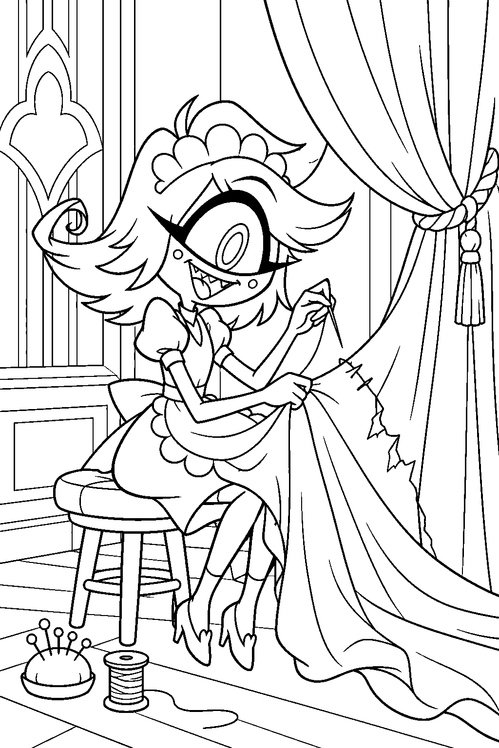 hazbin hotel niffty sewing a torn hotel curtain line art