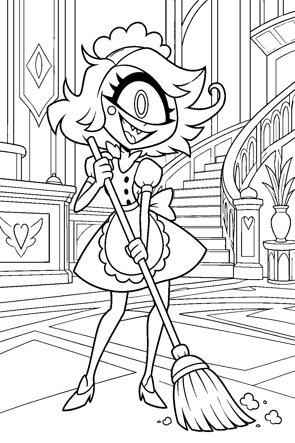 hazbin hotel niffty sweeping the hotel lobby with her broom line art
