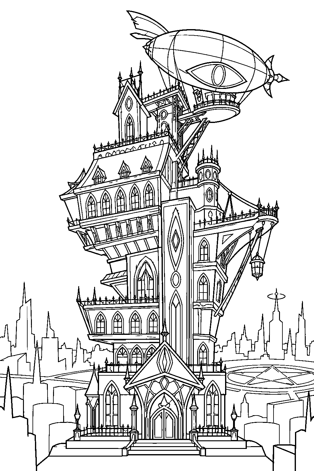 hazbin hotel original building with its rooftop airship above pentagram city line art