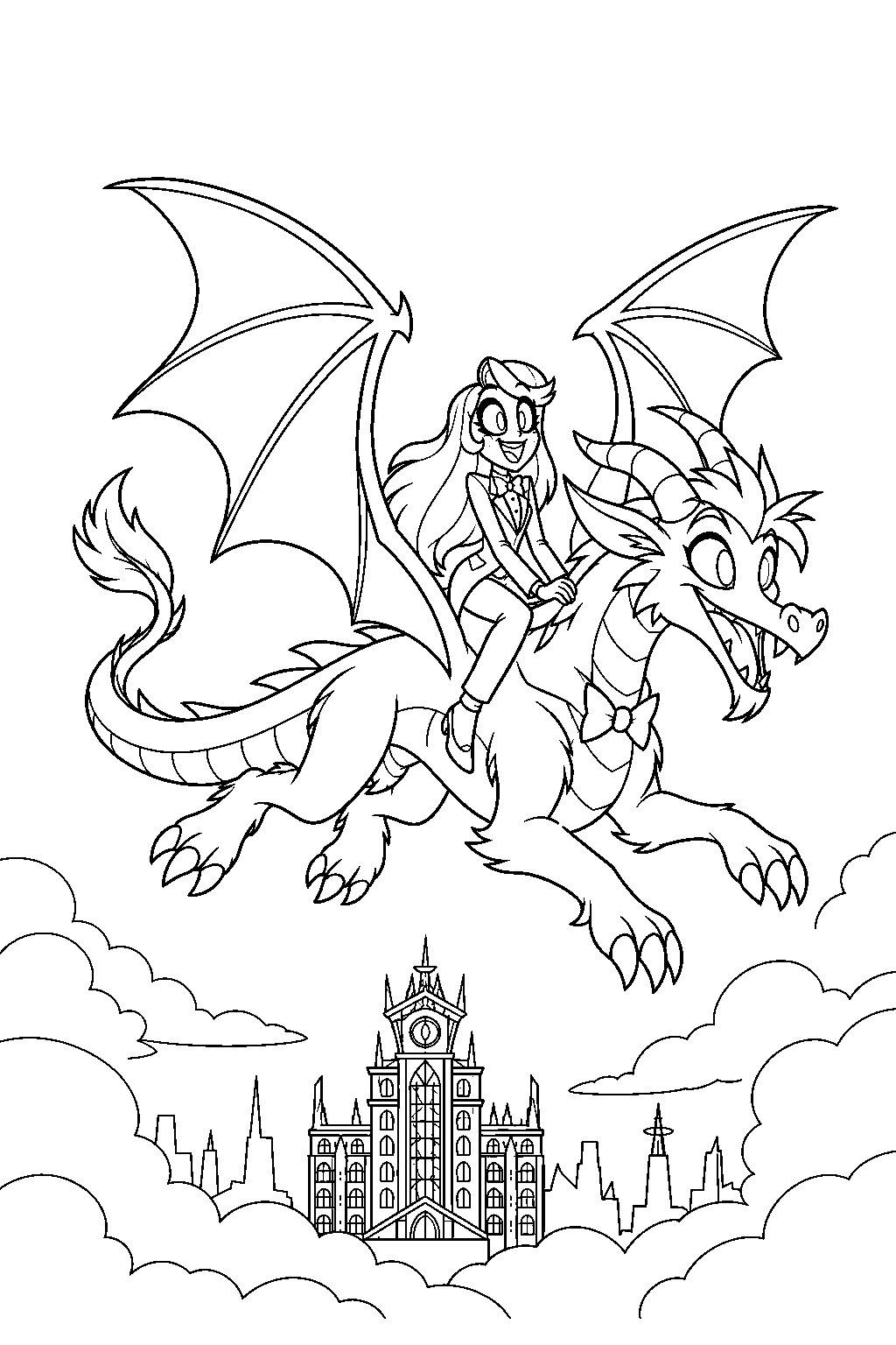 hazbin hotel razzle in his dragon form carrying charlie above the hotel line art