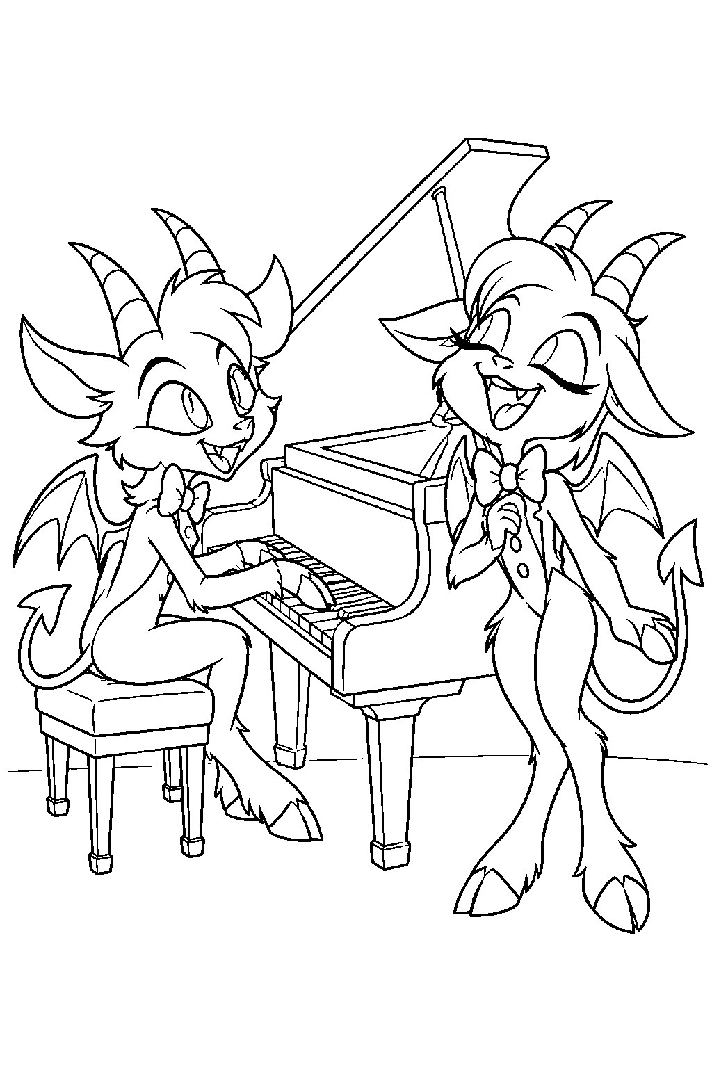 hazbin hotel razzle playing the piano while dazzle sings line art