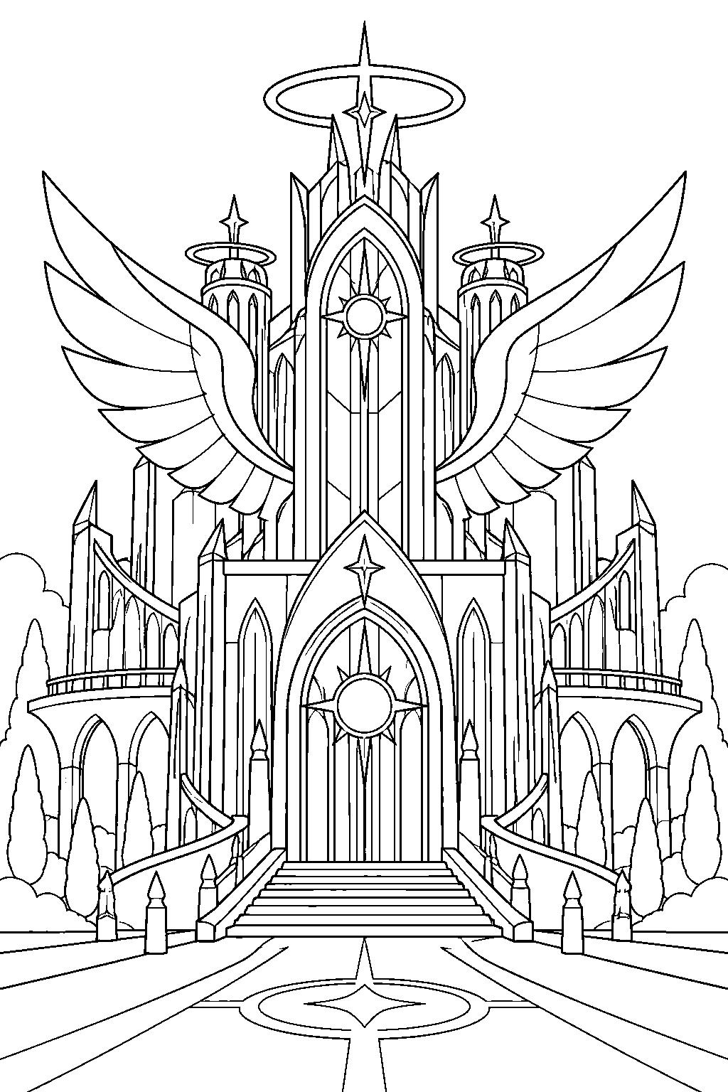 hazbin hotel rebuilt building with its winged facade and grand entrance line art
