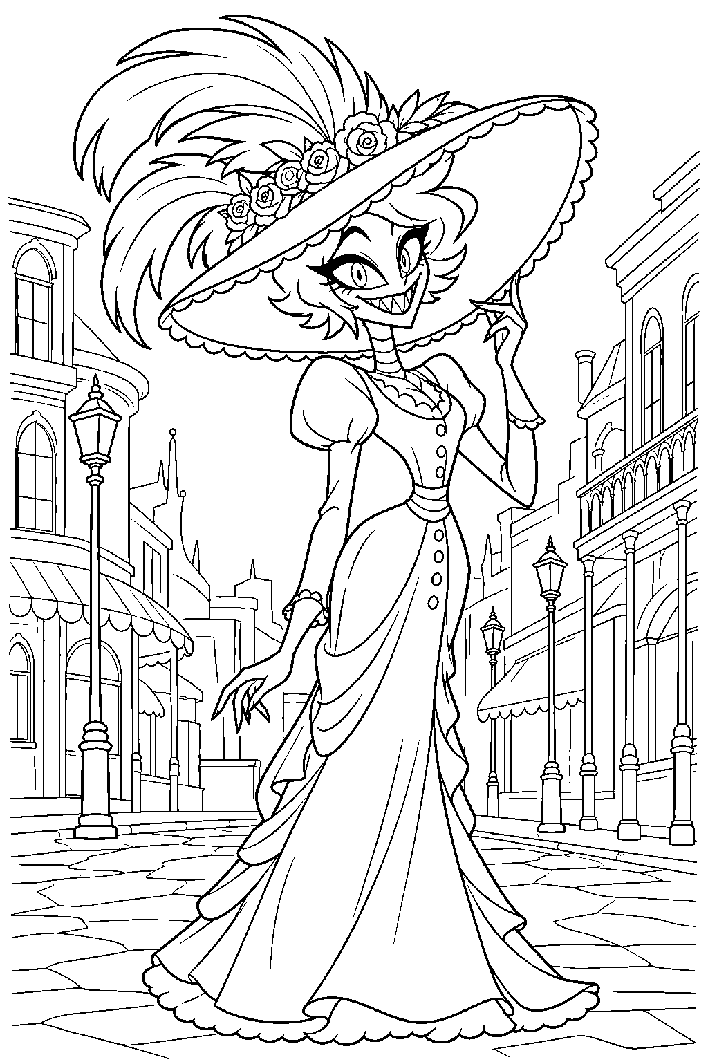hazbin hotel rosie wearing her edwardian dress and wide brimmed hat in cannibal town line art