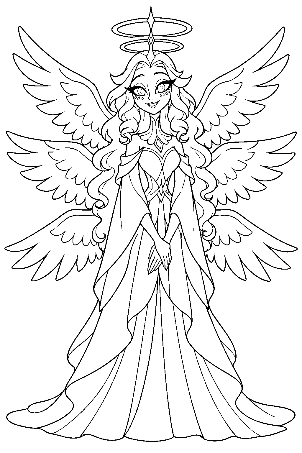 hazbin hotel sera in her celestial gown with six wings and a double halo line art