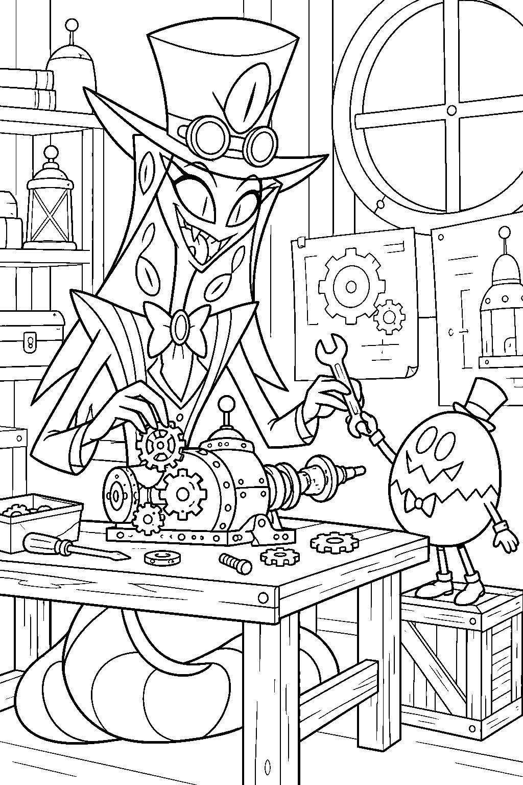 hazbin hotel sir pentious building an invention with an egg boi assistant line art