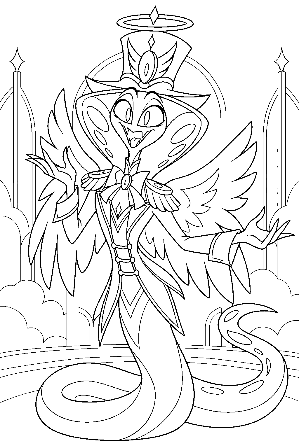 hazbin hotel sir pentious in his redeemed angel form beneath his halo line art