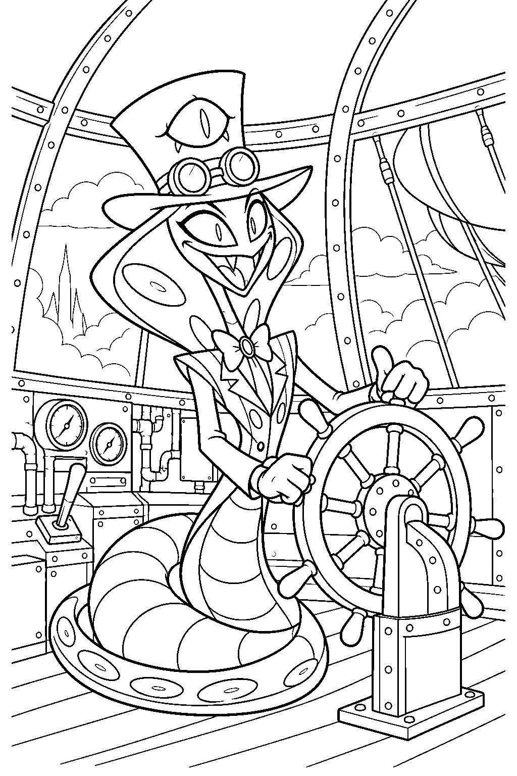 hazbin hotel sir pentious steering his airship in his top hat line art