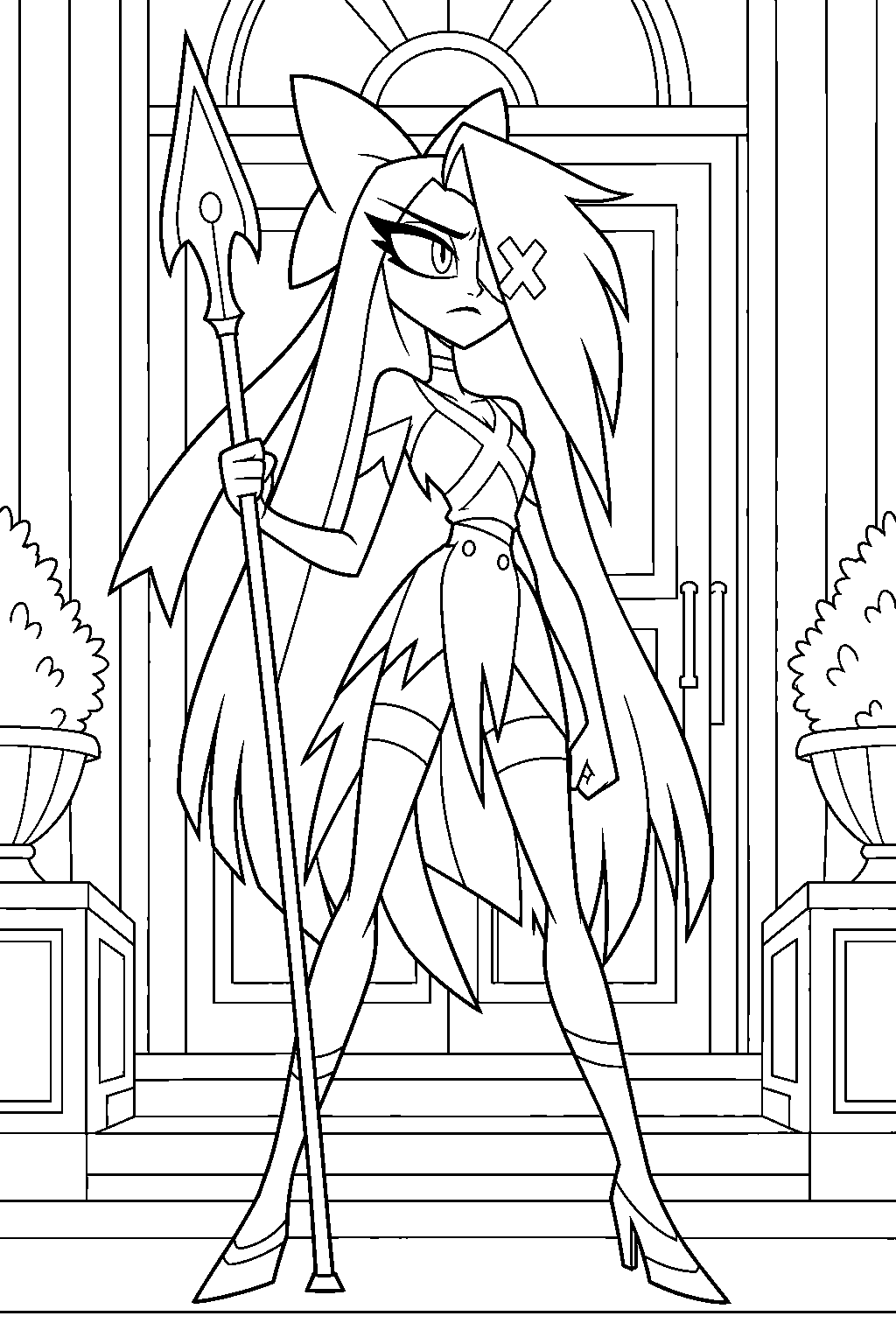 hazbin hotel vaggie guarding the hotel entrance with her spear line art