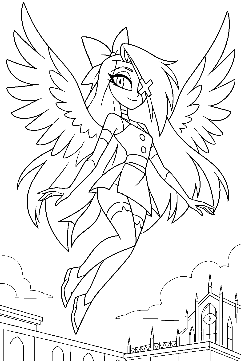 hazbin hotel vaggie revealing her angel wings above the hotel rooftop line art