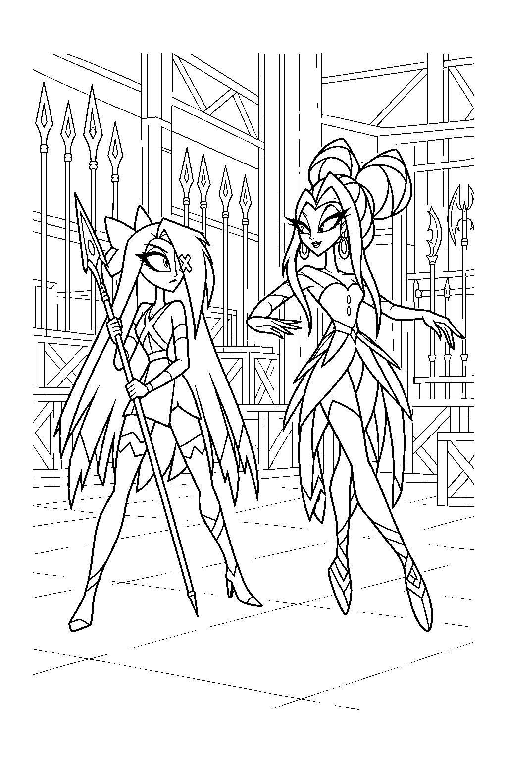 hazbin hotel vaggie training with carmilla carmine in the weapons warehouse line art