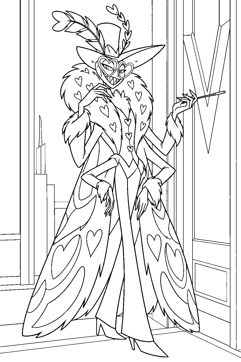 hazbin hotel valentino in his moth coat and heart shaped glasses at v tower line art