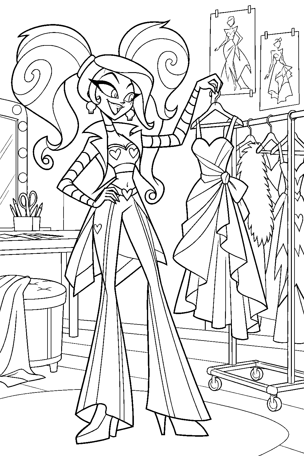 hazbin hotel velvette choosing an outfit beside a clothing rack in her fashion studio line art