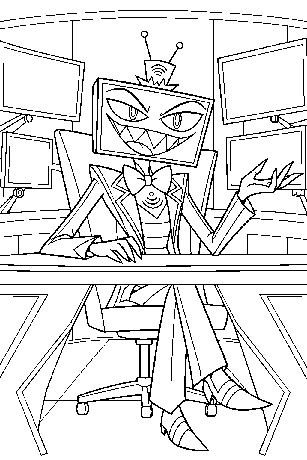 hazbin hotel vox presenting a broadcast from his voxtek control room line art