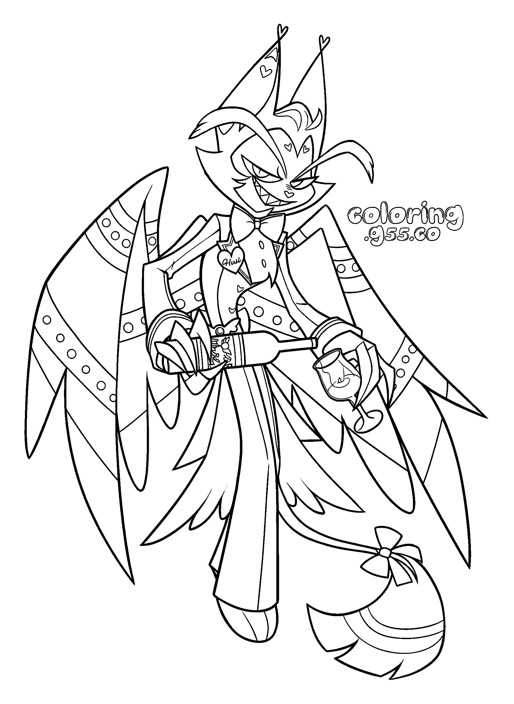 husk pouring drink with feathery wings hazbin hotel line art for kids