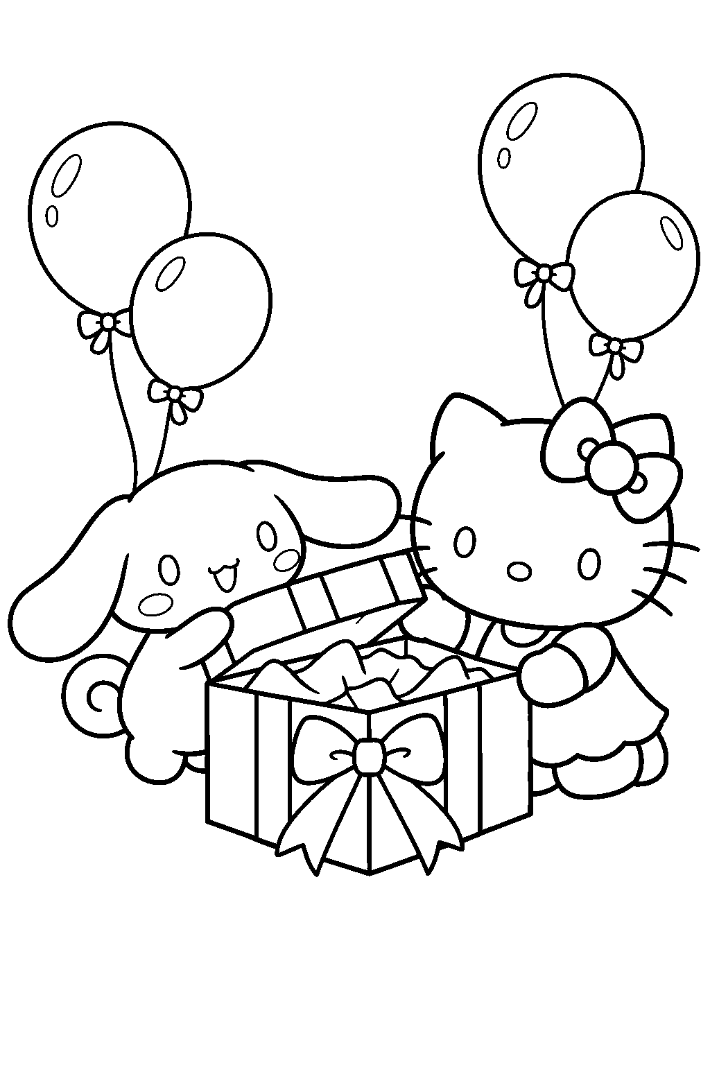 cinnamoroll and hello kitty opening a birthday present line art