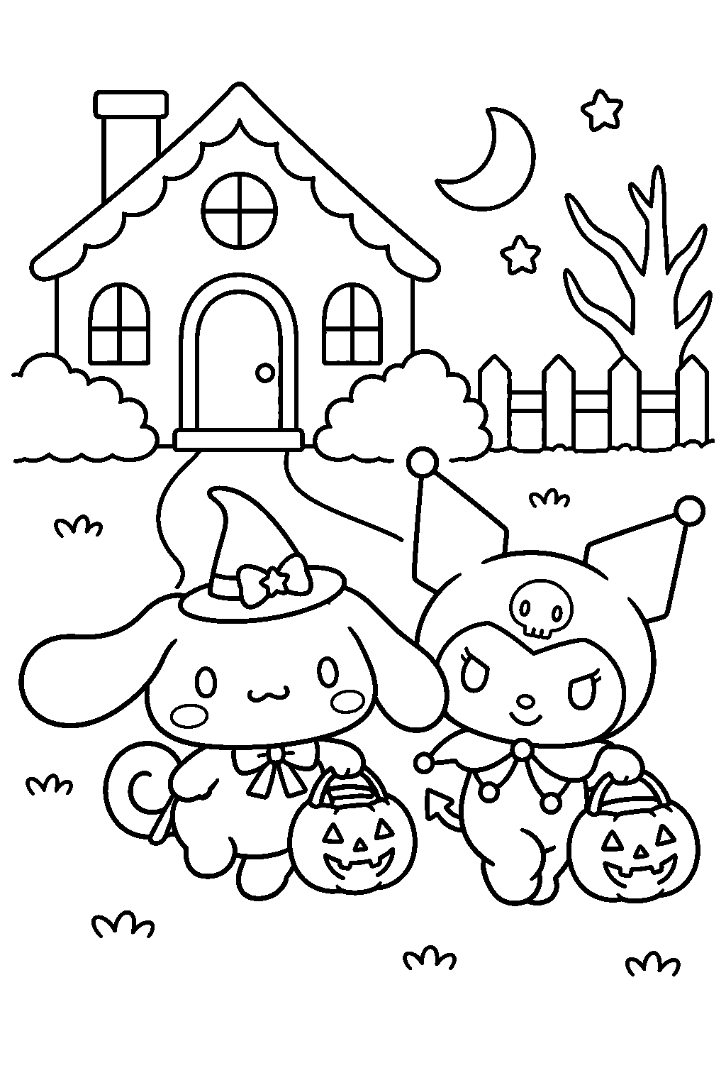 cinnamoroll and kuromi trick or treating with pumpkin buckets line art