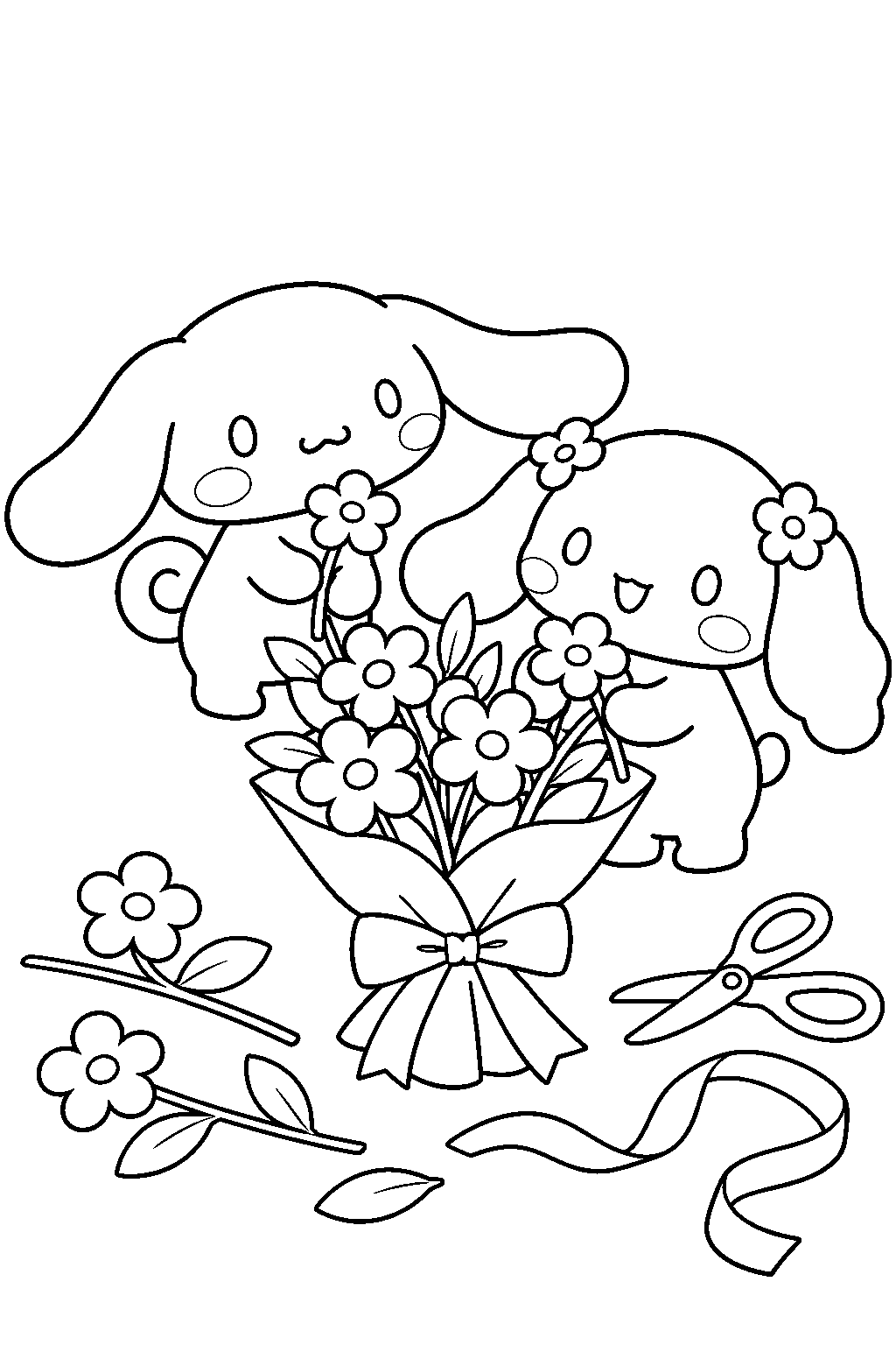 cinnamoroll and mocha arranging a bouquet of flowers line art