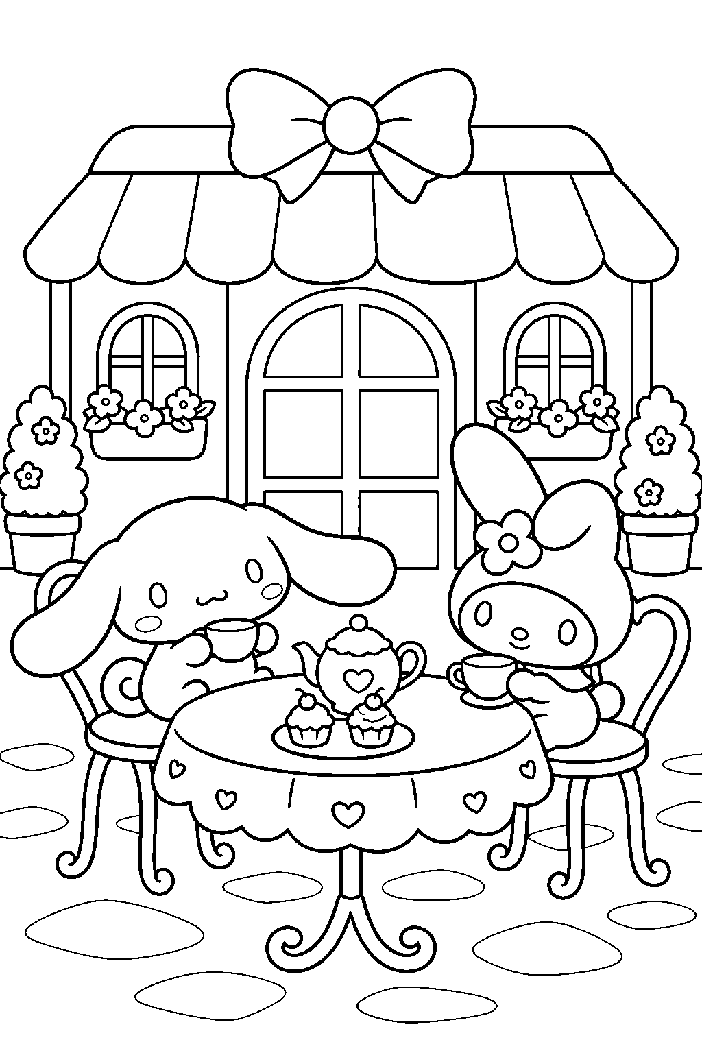 cinnamoroll and my melody having a tea party at cafe cinnamon line art