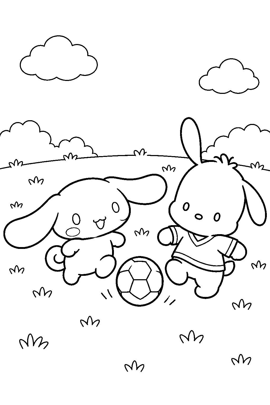 cinnamoroll and pochacco playing soccer in a grassy field line art