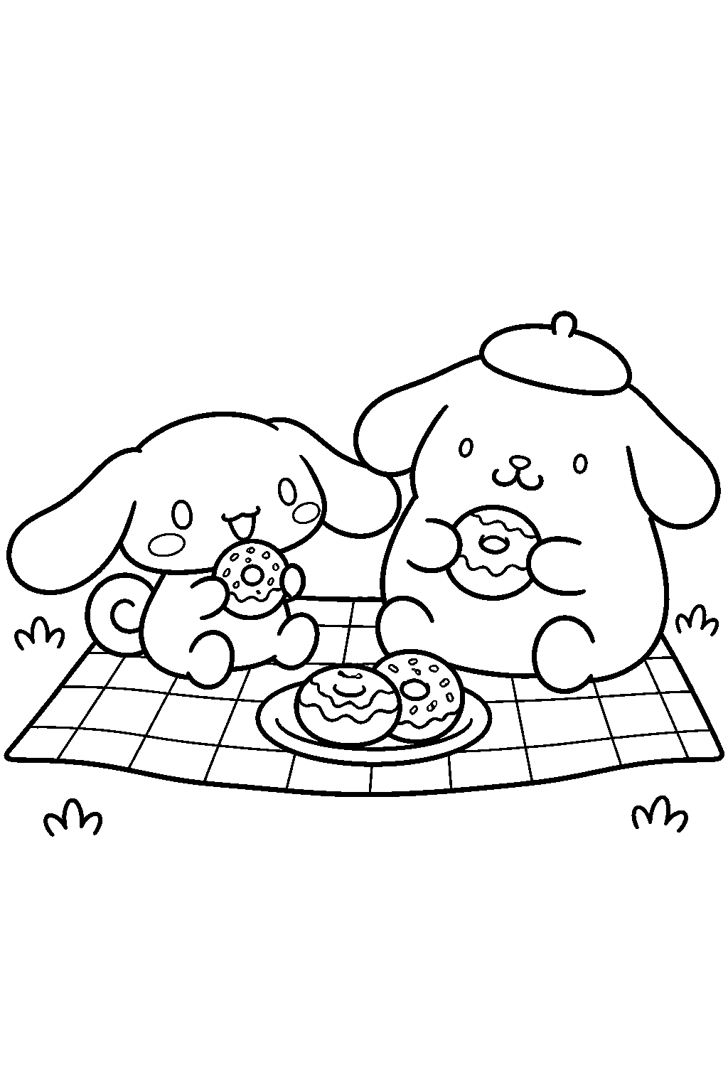 cinnamoroll and pompompurin sharing doughnuts on a picnic blanket line art
