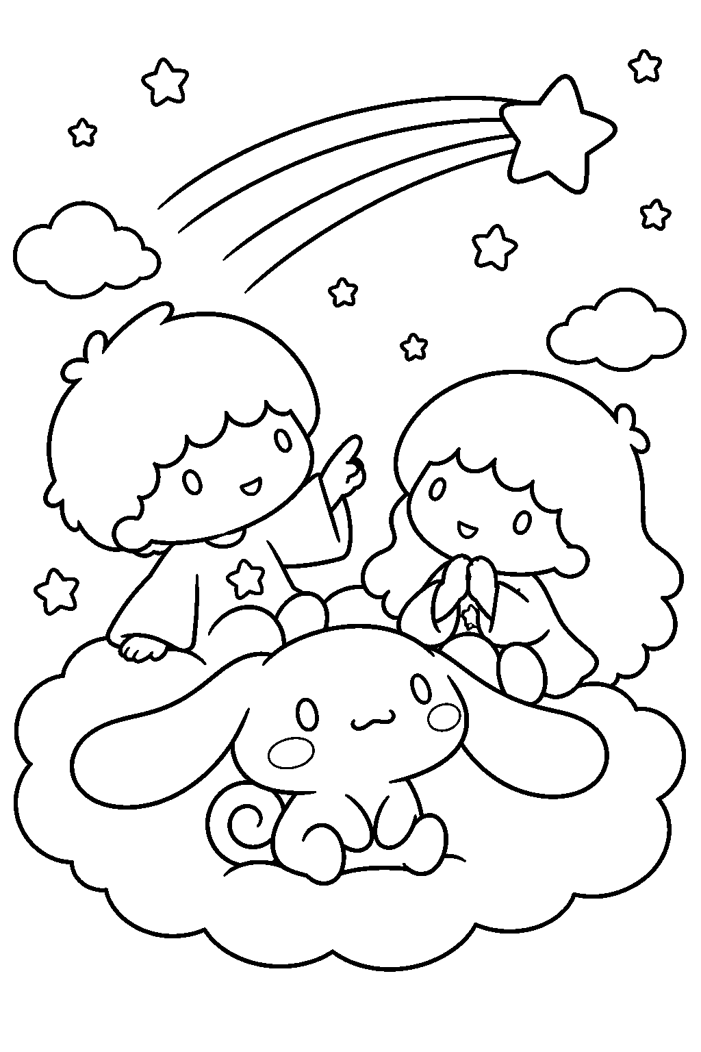 cinnamoroll and the little twin stars watching a shooting star from a cloud line art