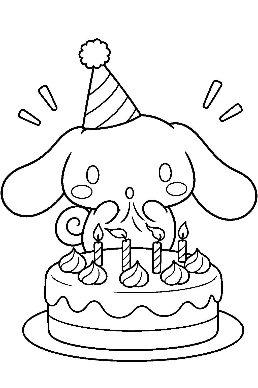 cinnamoroll blowing out candles on his birthday cake line art