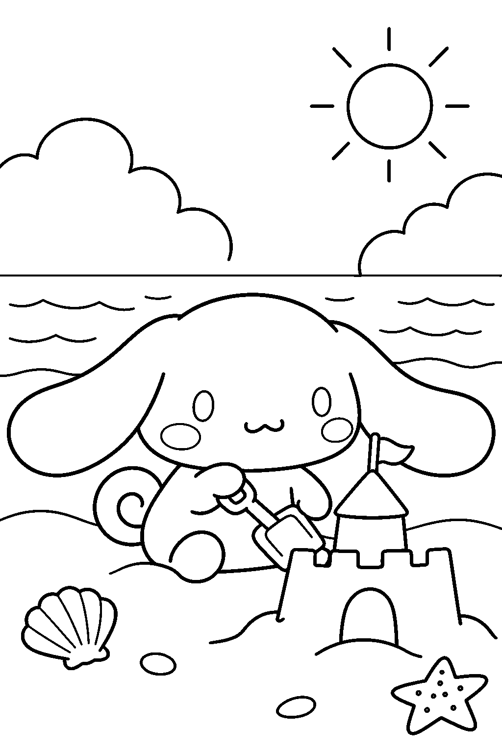 cinnamoroll building a sandcastle at the beach line art