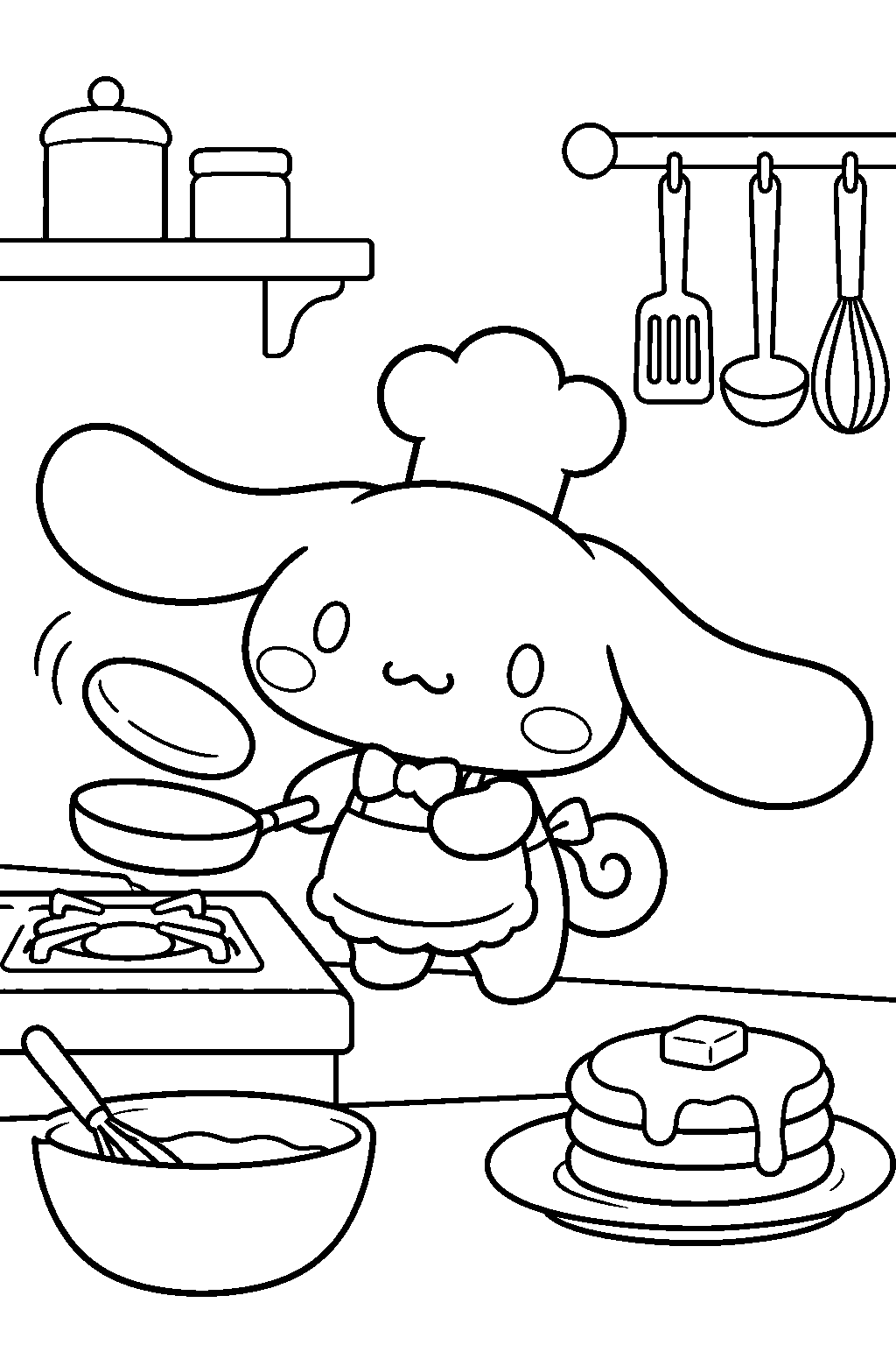 cinnamoroll cooking pancakes in the cafe kitchen line art