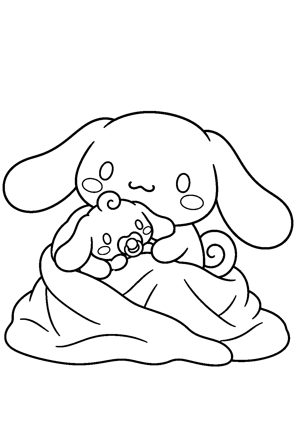 cinnamoroll cuddling milk beneath a cozy blanket line art
