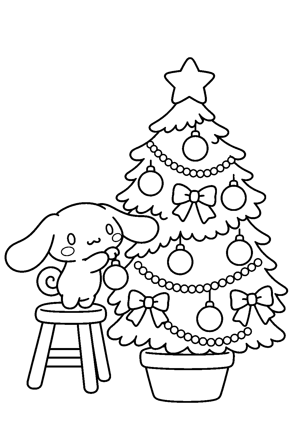 cinnamoroll decorating a christmas tree line art