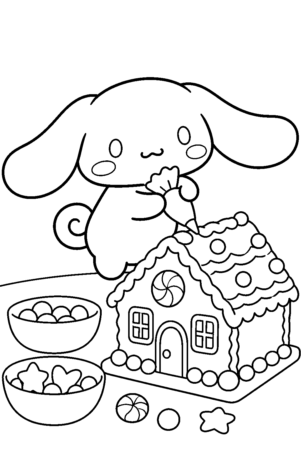 cinnamoroll decorating a gingerbread house line art