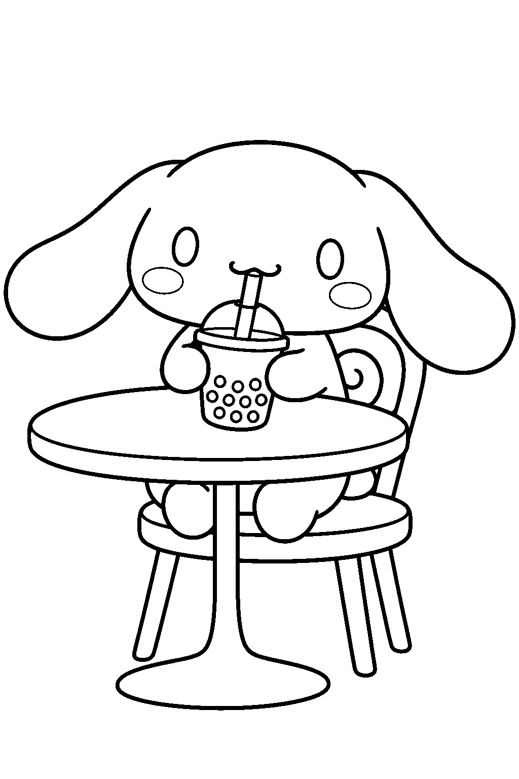 cinnamoroll drinking boba tea at a cafe table line art