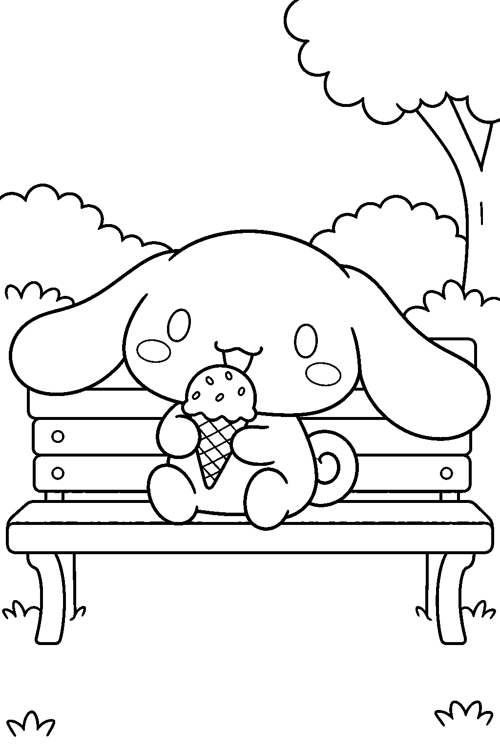 cinnamoroll eating an ice cream cone on a park bench line art