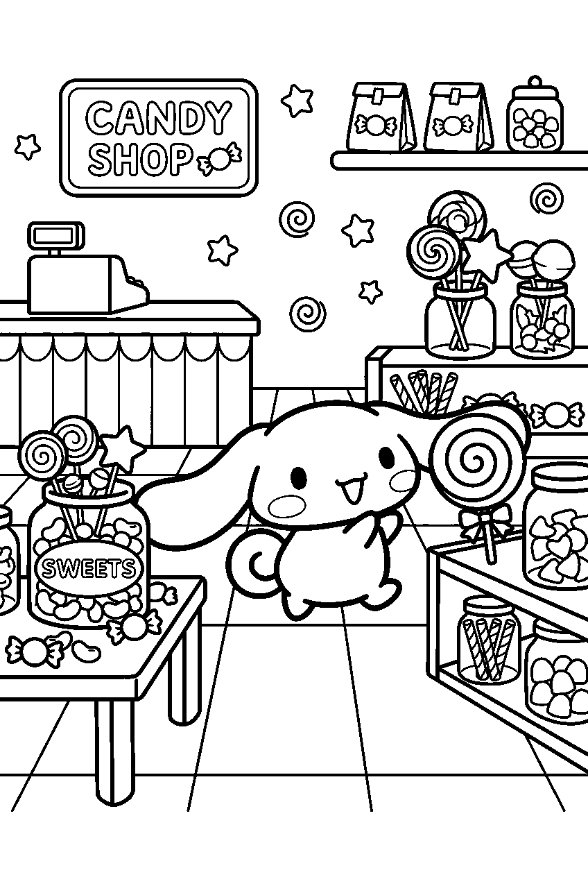 cinnamoroll exploring in candy shop line art