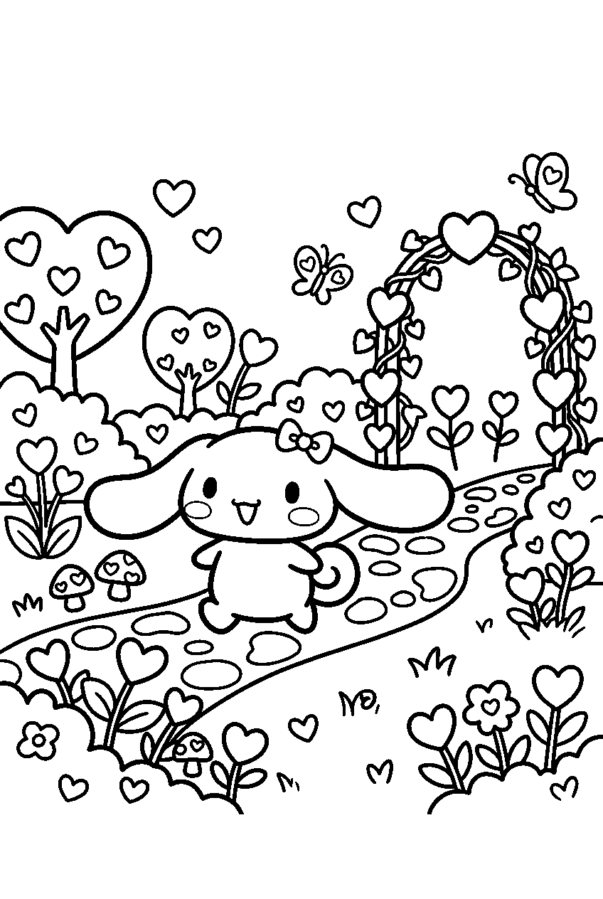 cinnamoroll exploring in heart garden line art