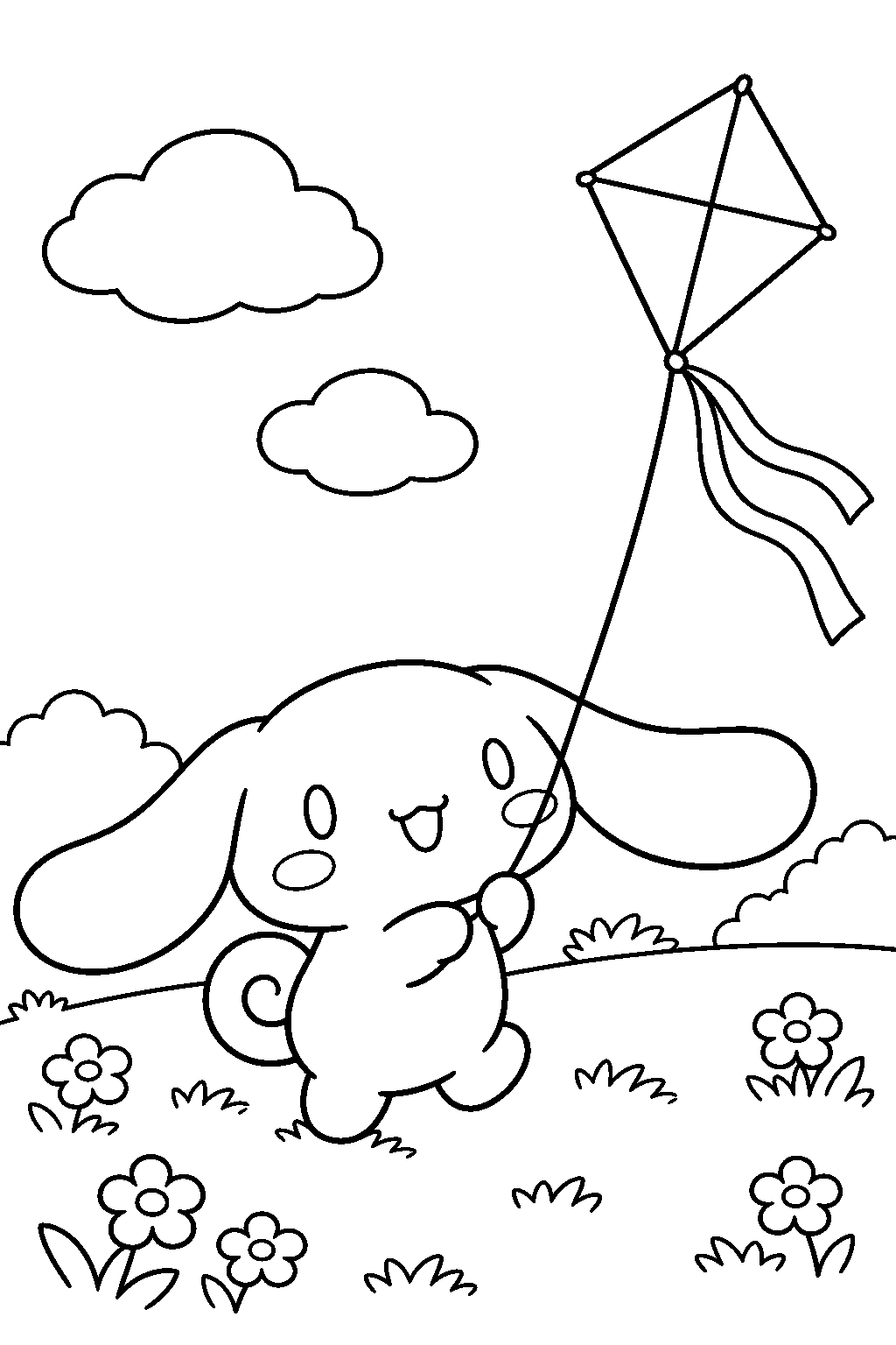 cinnamoroll flying a kite in a meadow line art