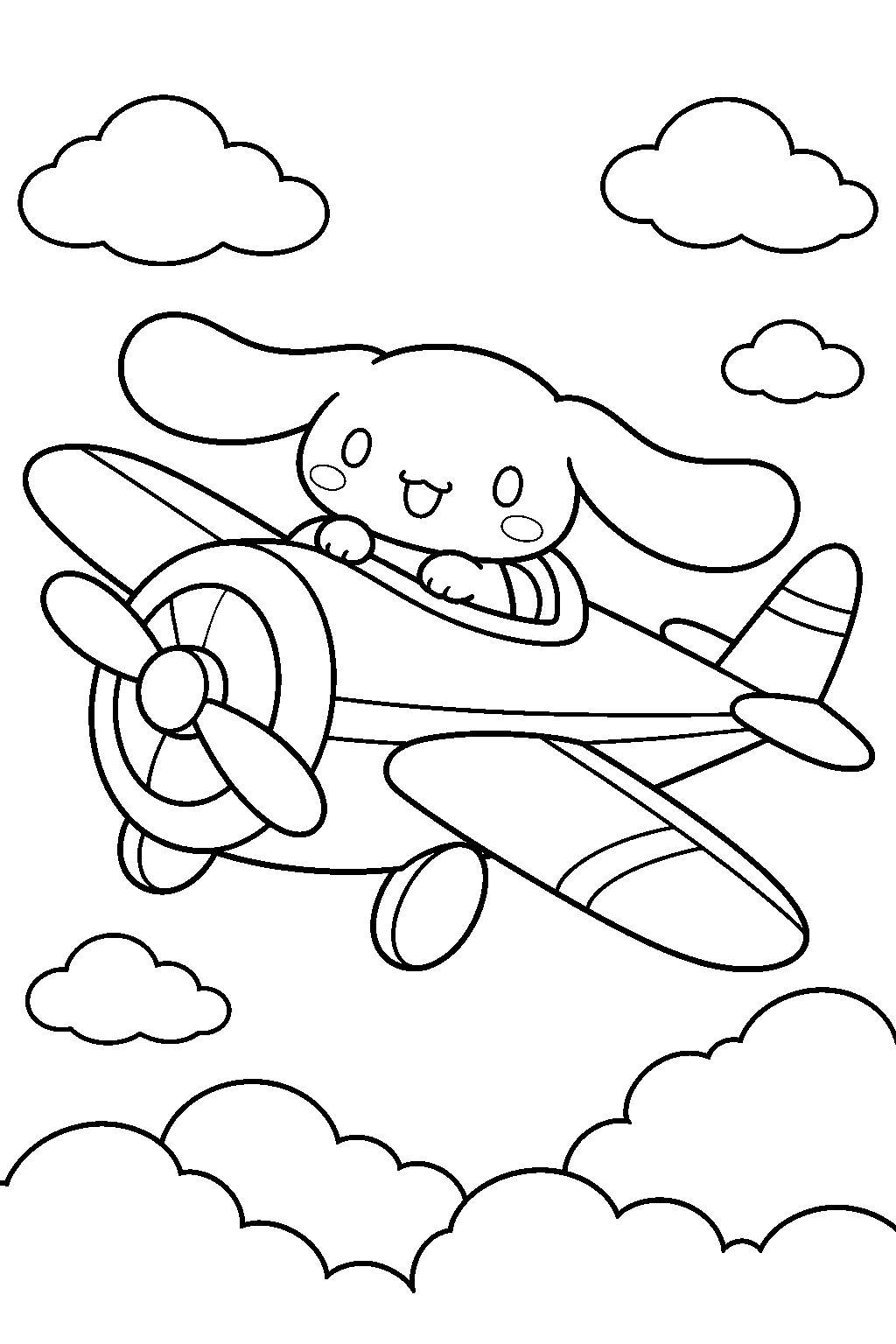 cinnamoroll flying a propeller airplane above the clouds line art