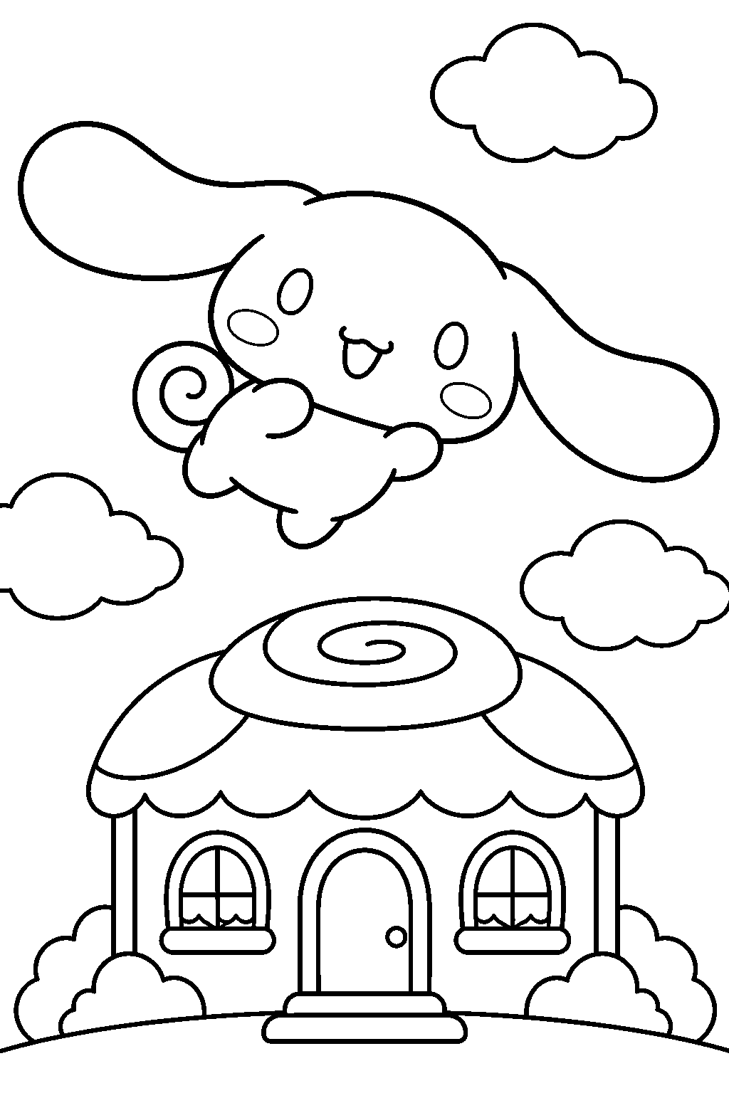cinnamoroll flying above cafe cinnamon line art