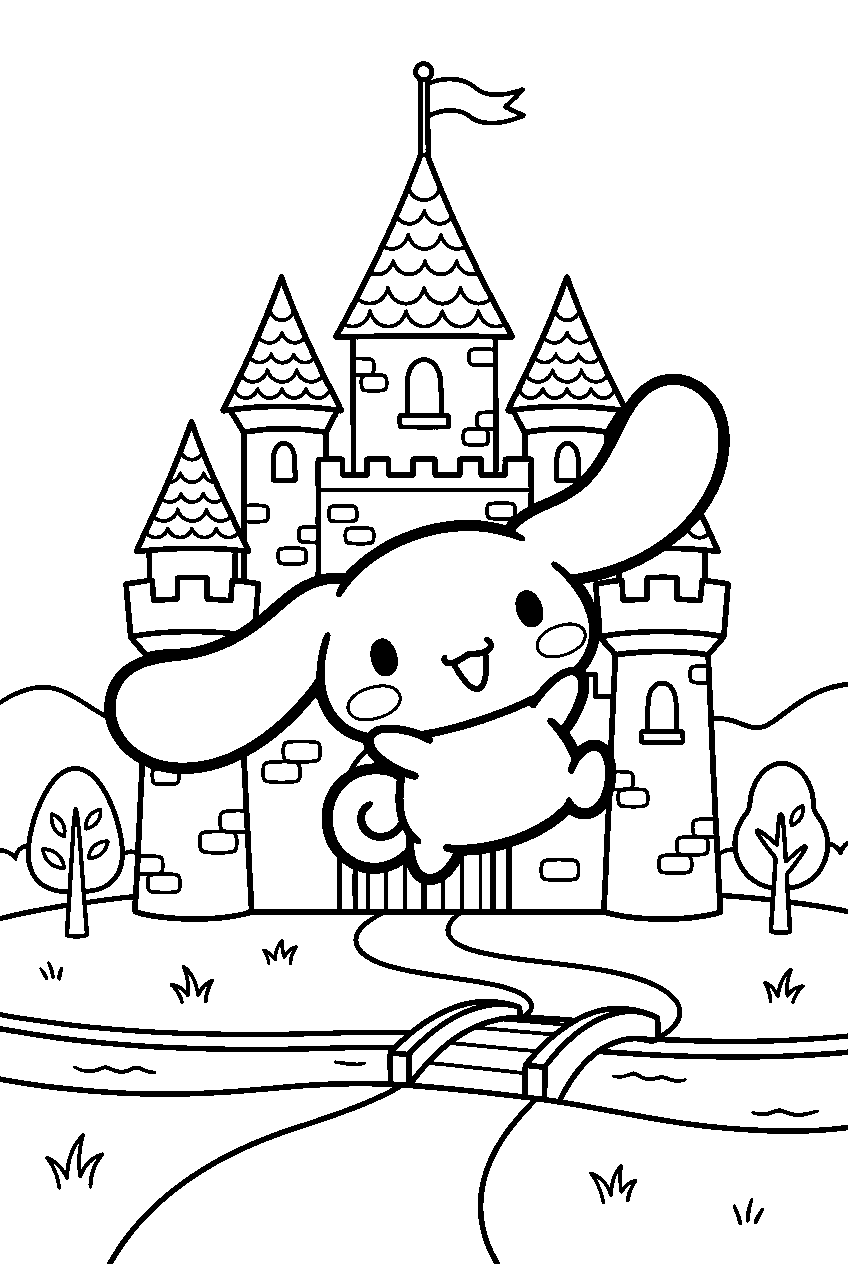 cinnamoroll jumping in fairy tale castle line art