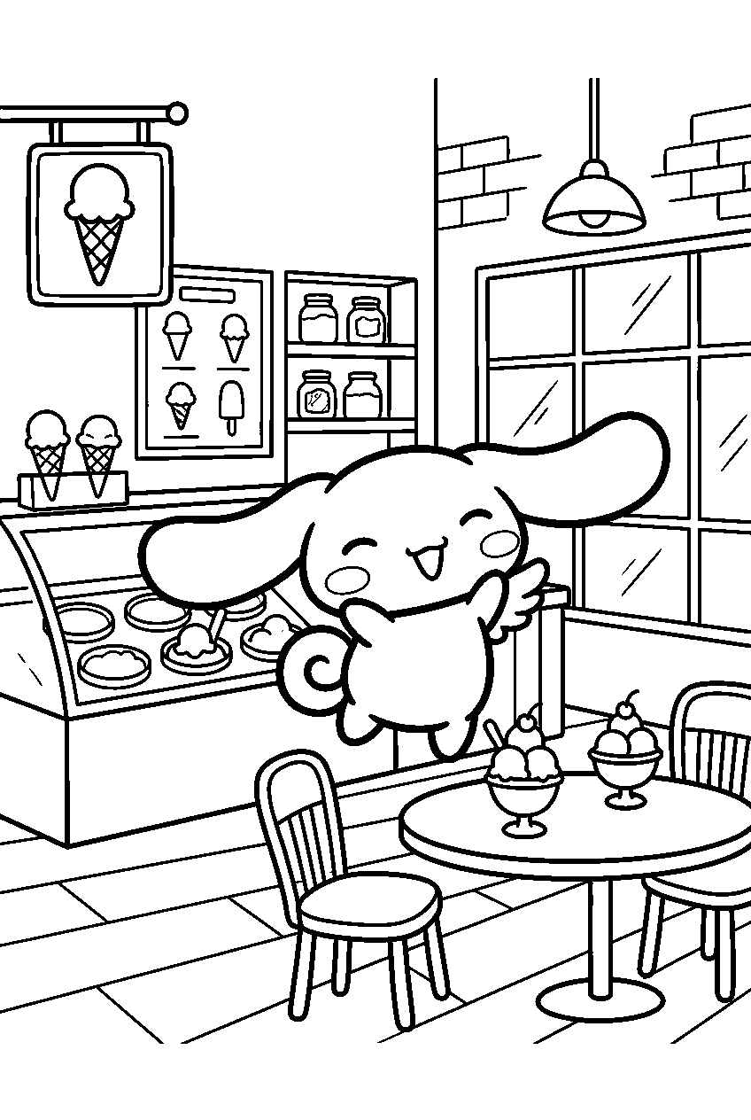 cinnamoroll jumping in ice cream shop line art