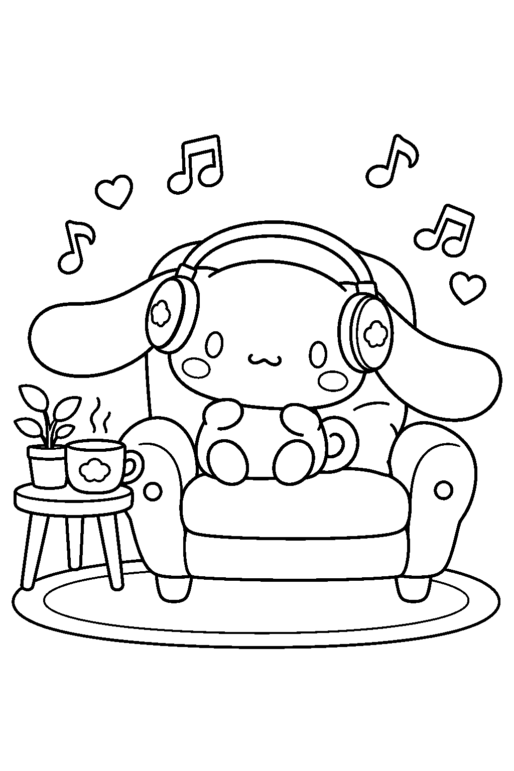 cinnamoroll listening to music through headphones in a cozy chair line art