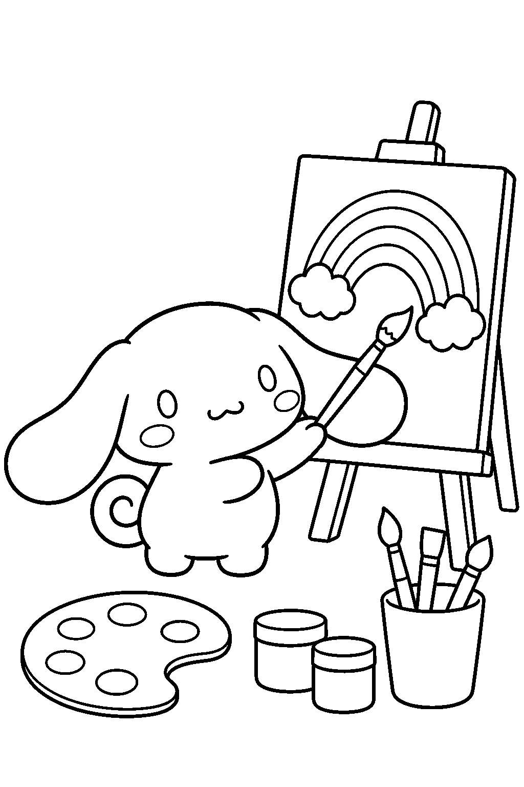 cinnamoroll painting a rainbow at an easel line art