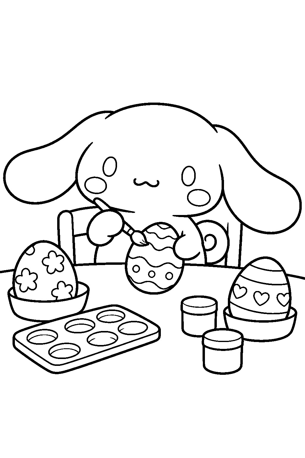 cinnamoroll painting easter eggs at a craft table line art