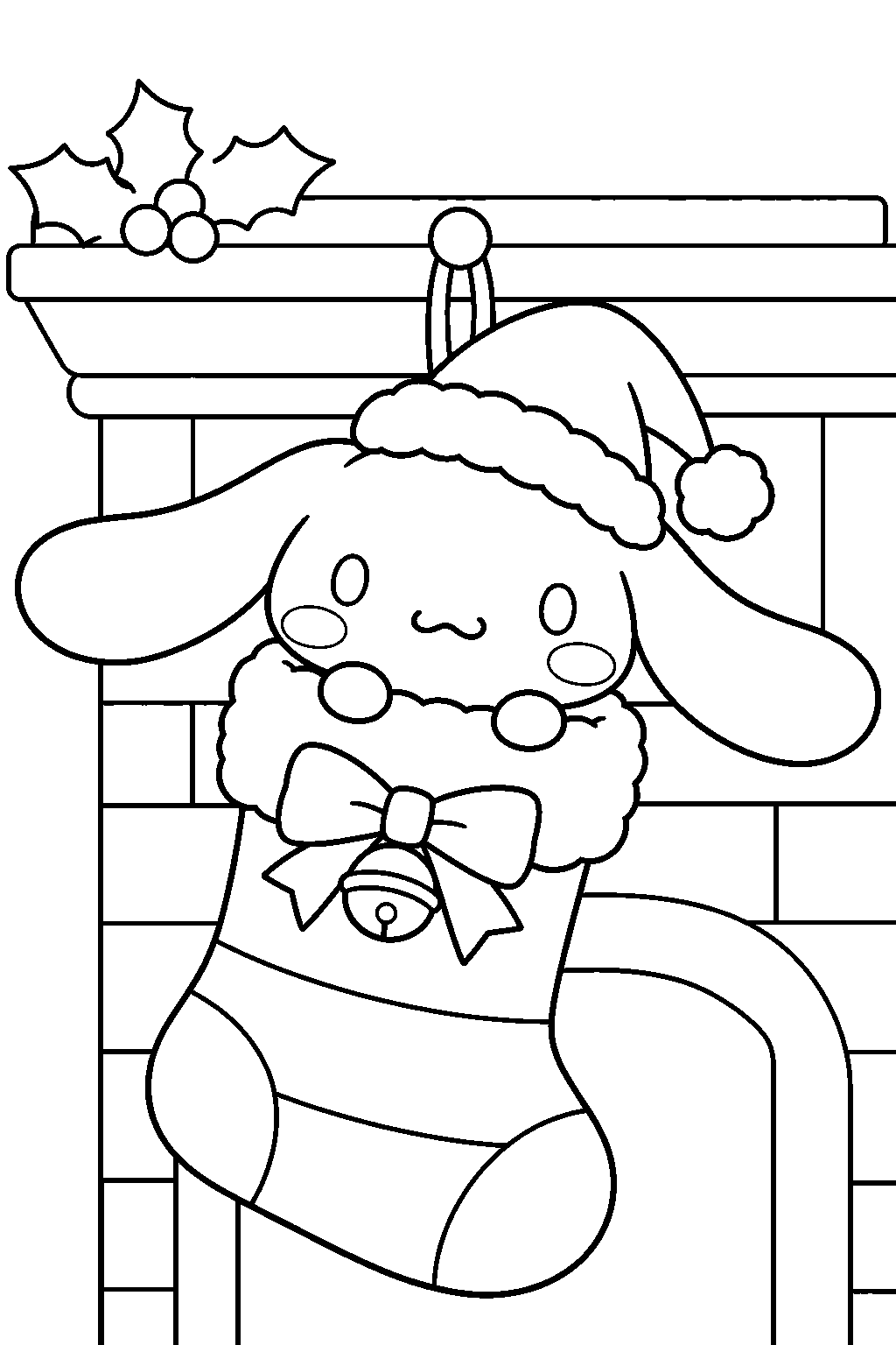 cinnamoroll peeking out of a christmas stocking beside a fireplace line art