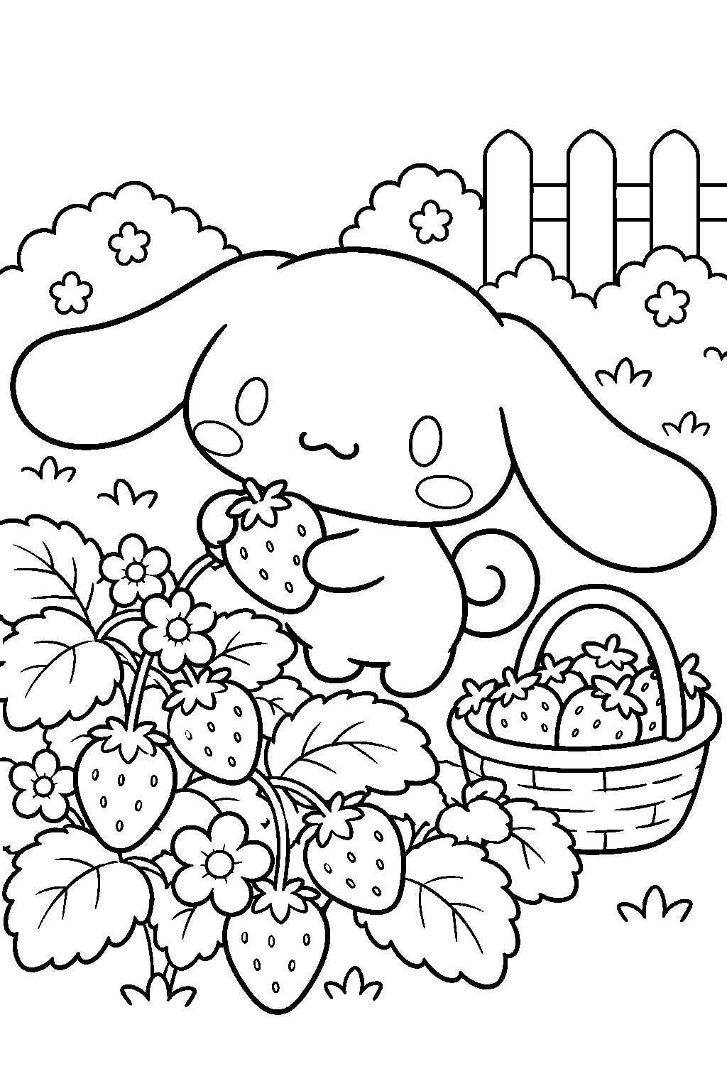 cinnamoroll picking strawberries in a garden line art